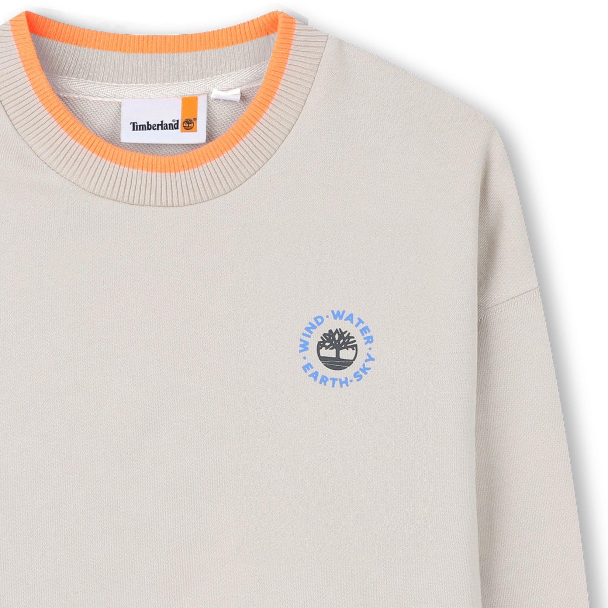 Timberland boys beige crew neck sweatshirt close-up with orange trim