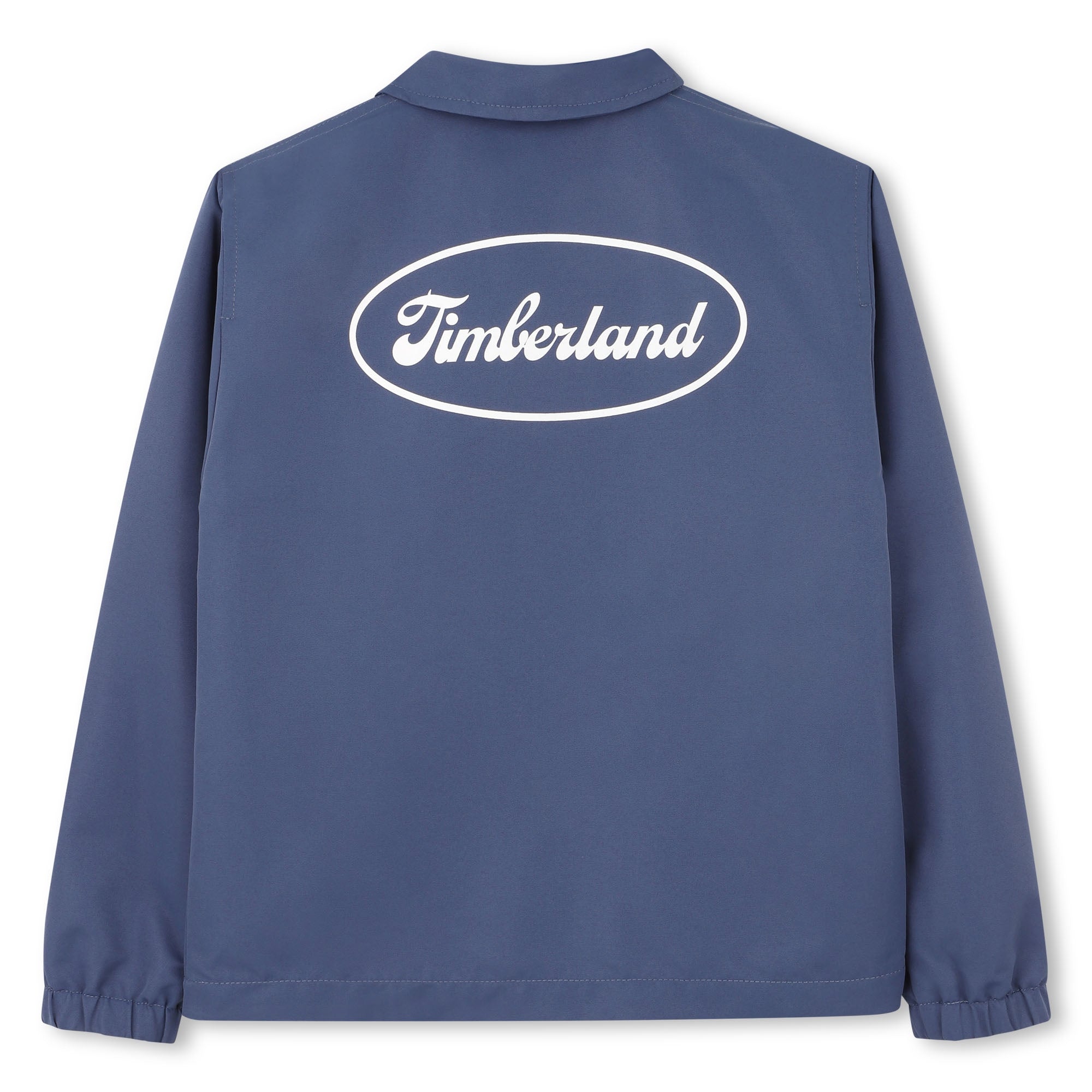     Timberland boys navy jacket back view with large Timberland logo
