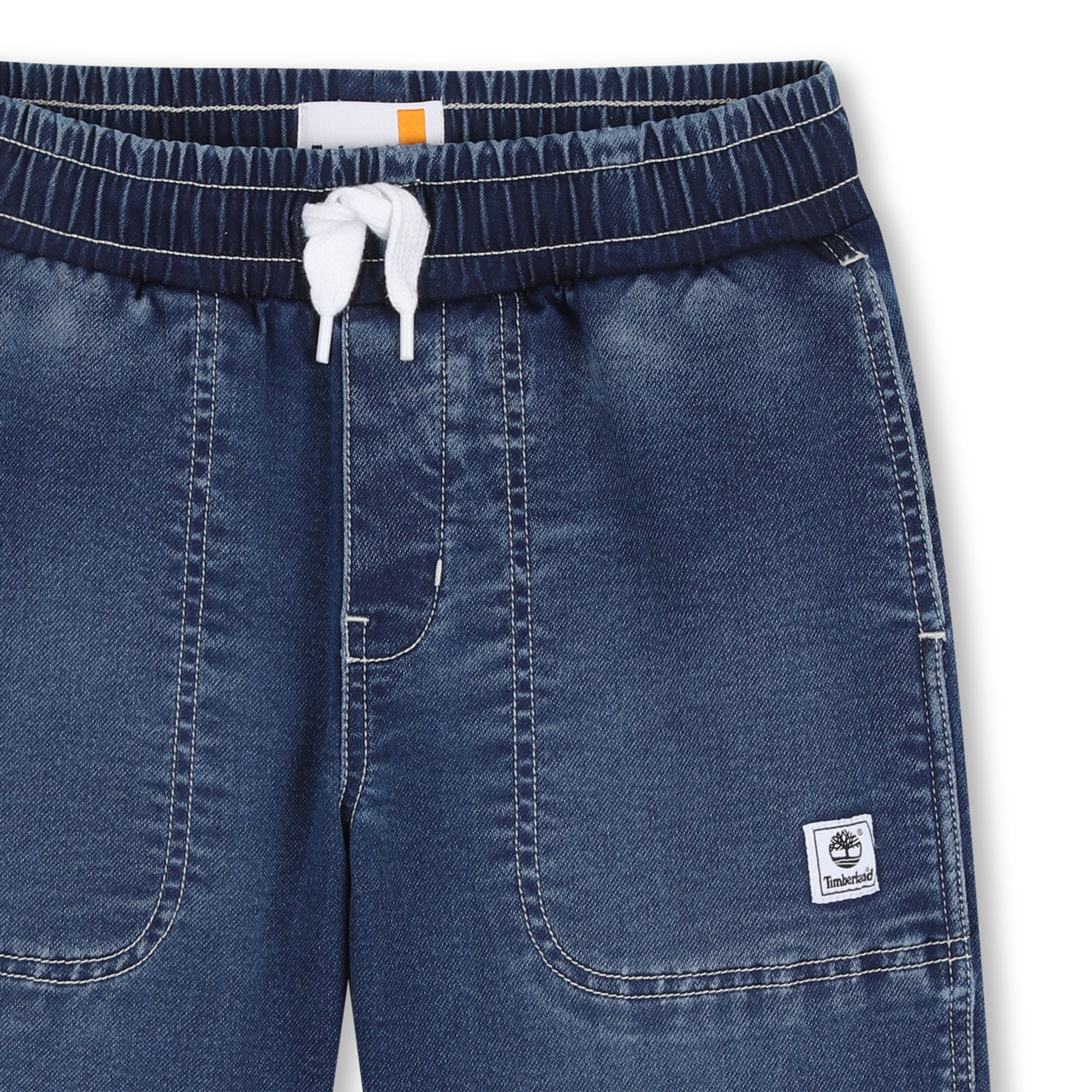 Timberland boys pull-on denim shorts close-up with white drawstring