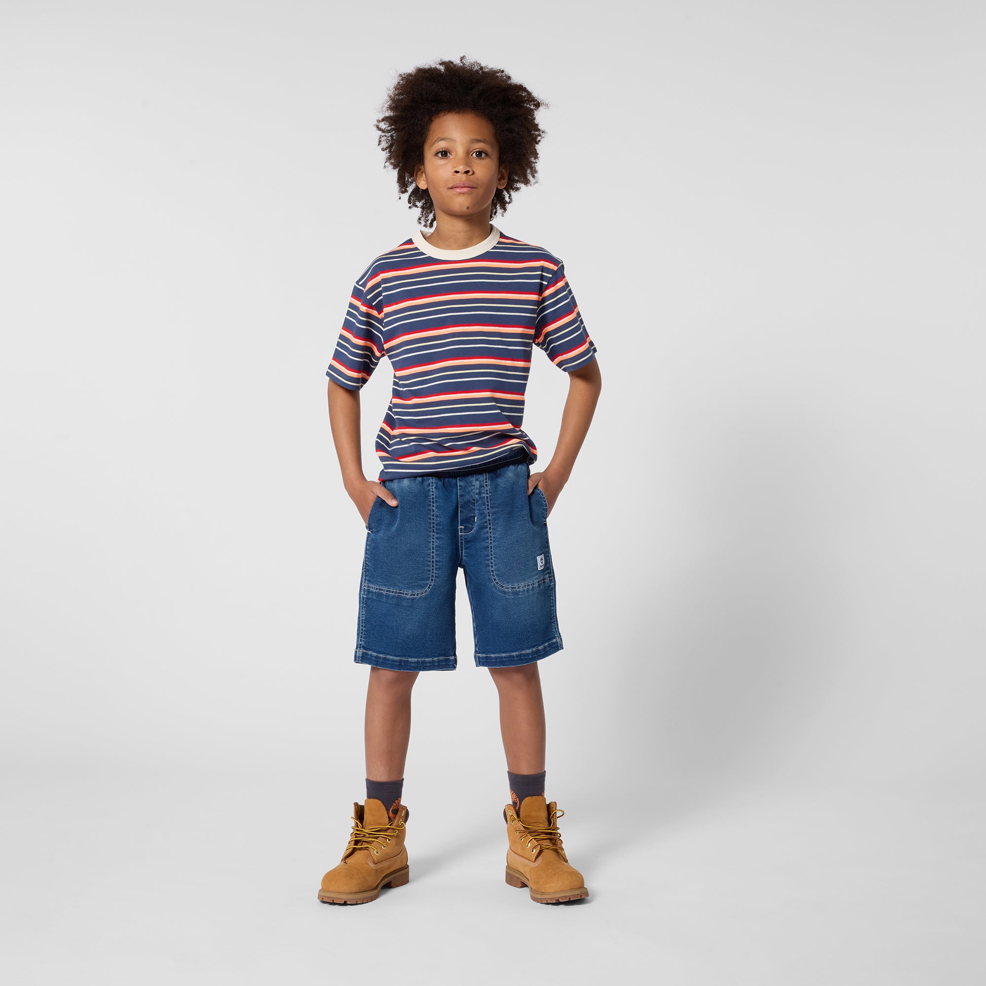 Timberland boys denim Bermuda shorts styled with striped T-shirt