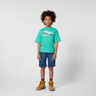  Timberland boys denim shorts styled with green Timberland T-shirt