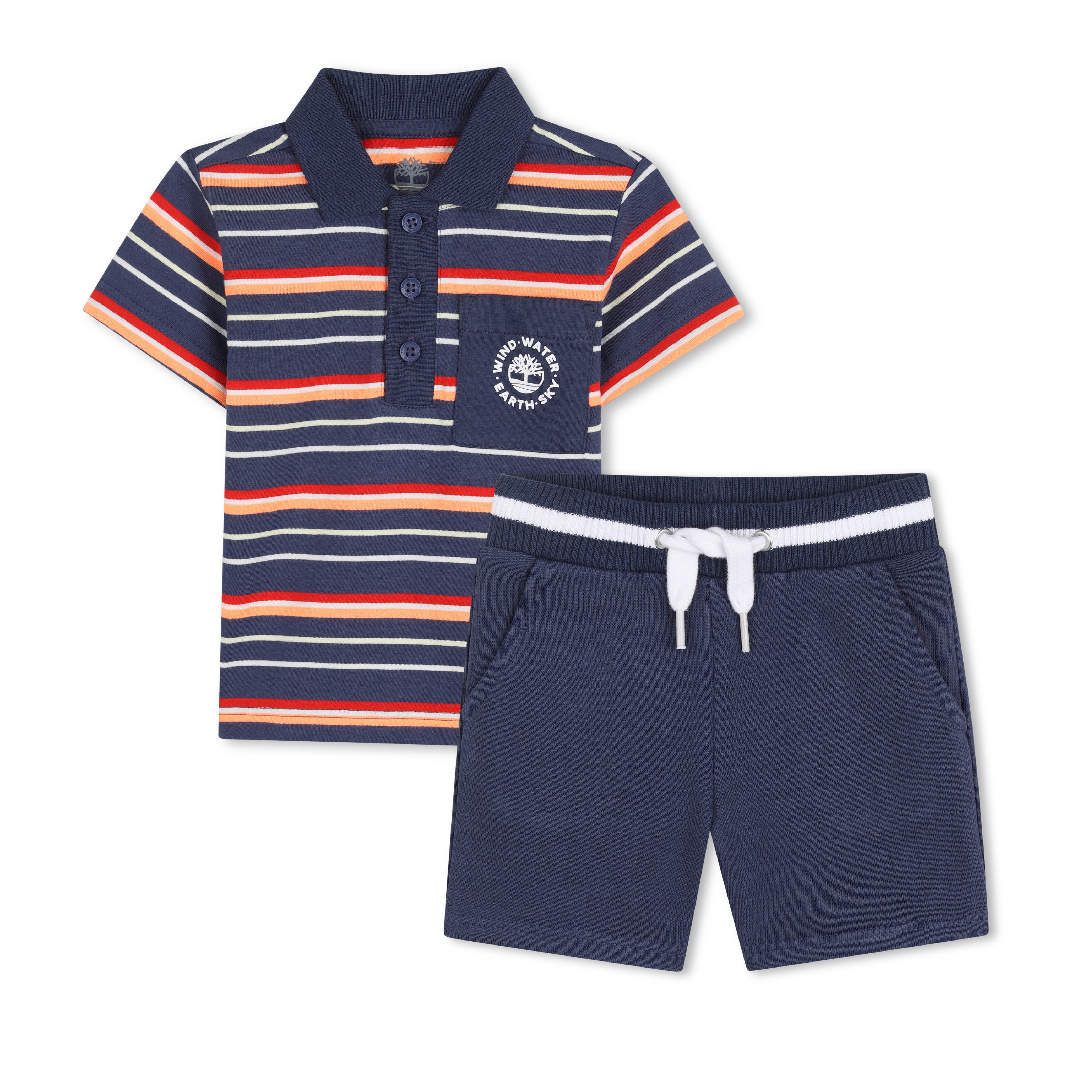     Timberland boys navy striped polo shirt and shorts set front view