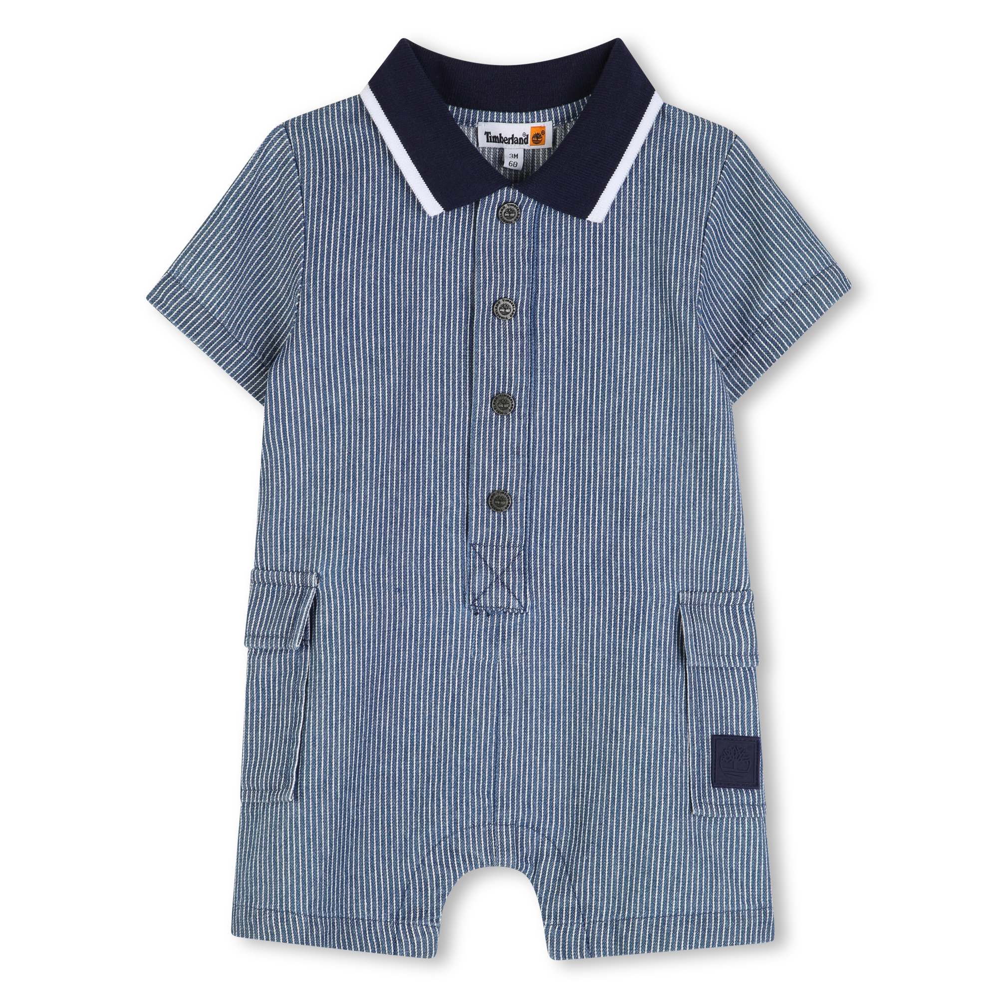     Timberland baby boys blue striped polo all in one romper front view