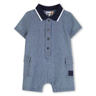     Timberland baby boys blue striped polo all in one romper front view