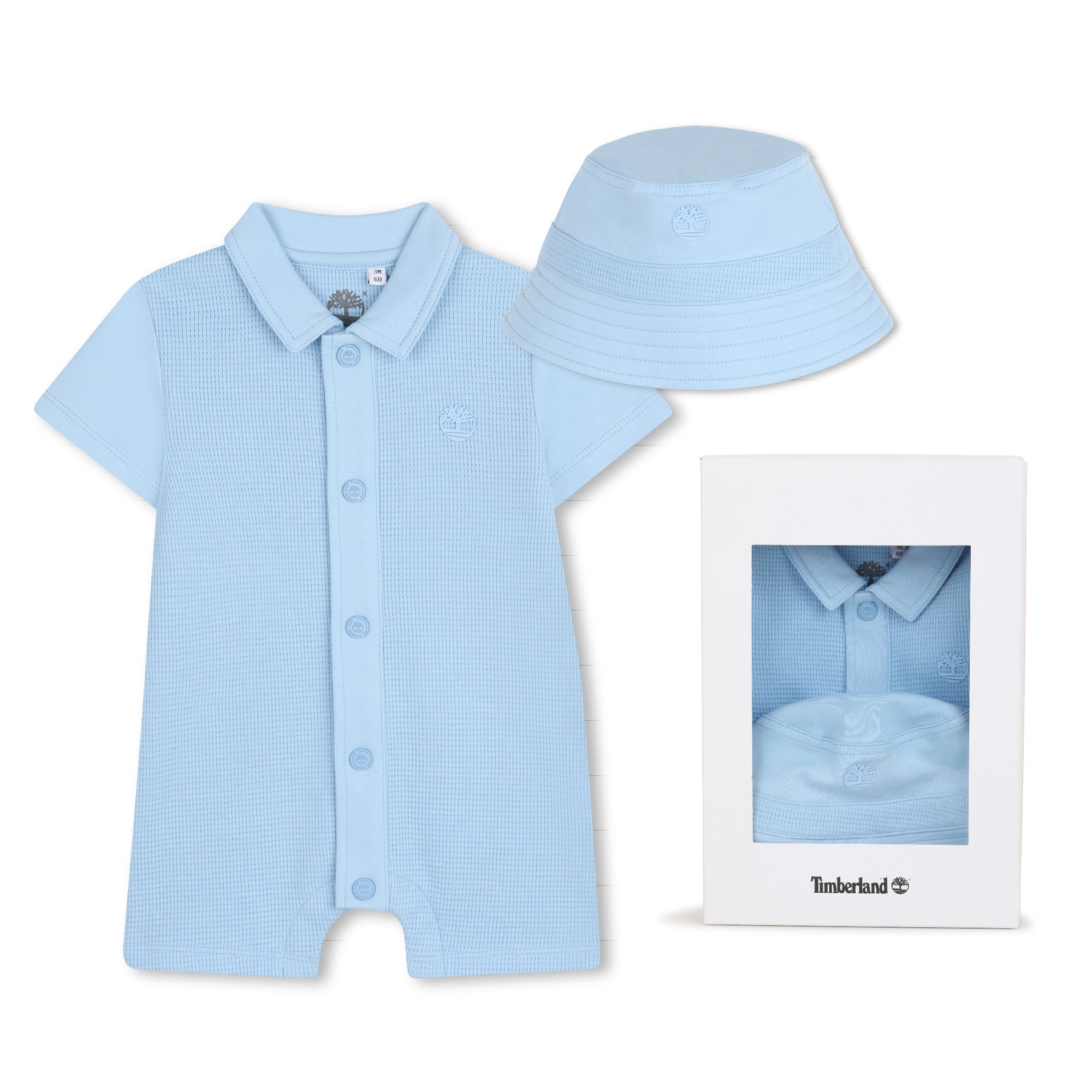     Timberland baby boys blue all in one and bucket hat gift set