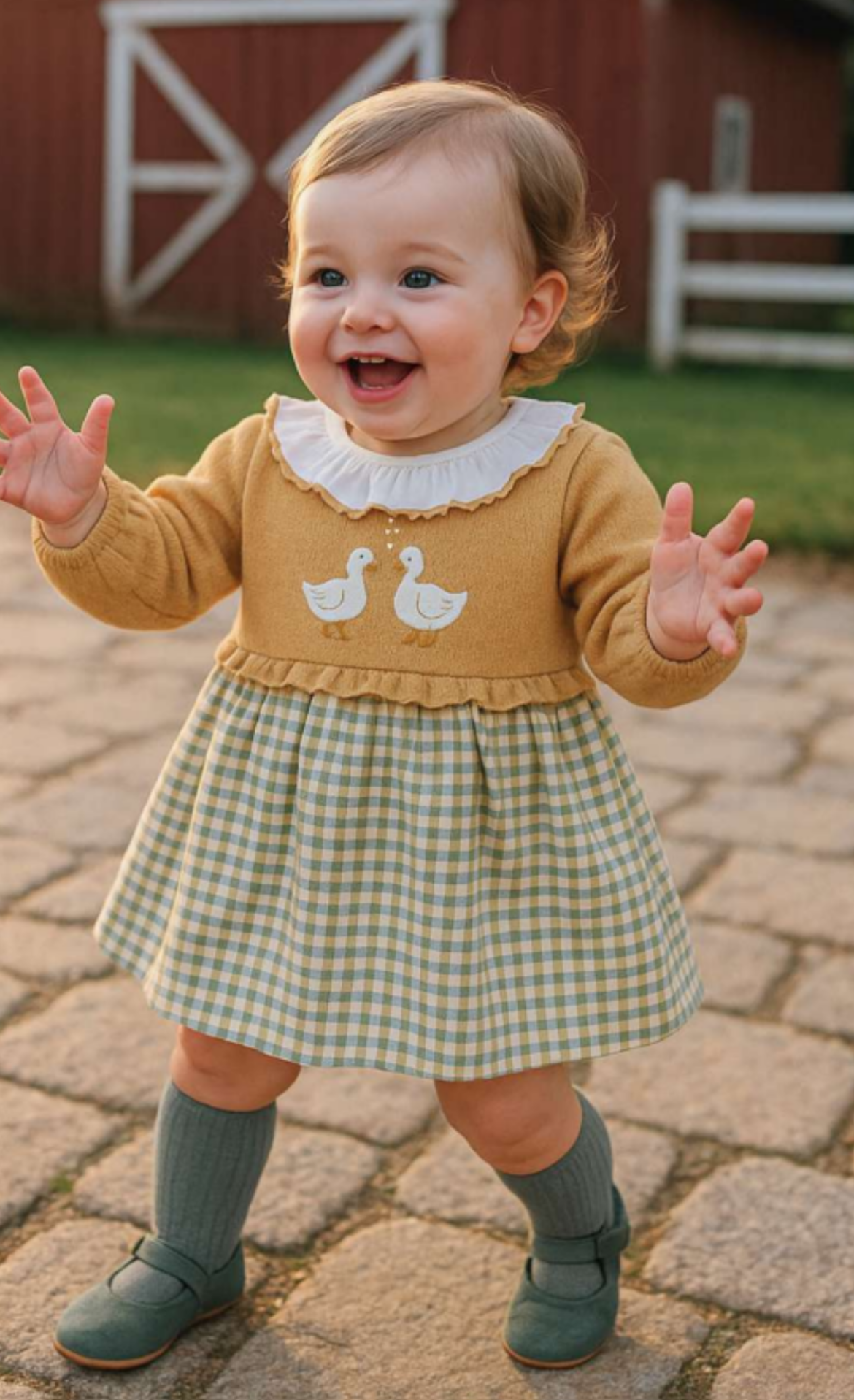 Tutto Piccolo baby girls mustard duck dress with check skirt and green tights