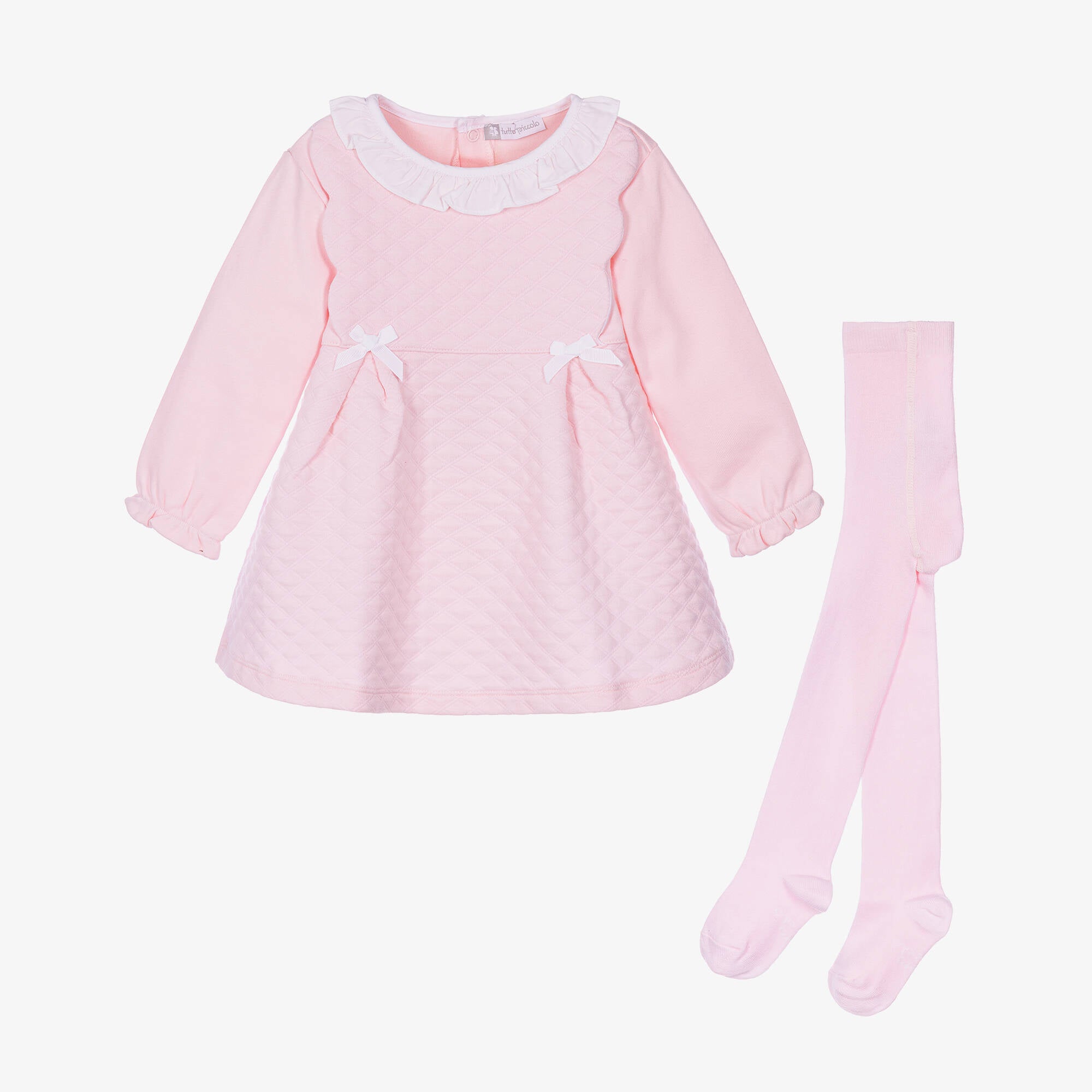 Tutto Piccolo baby girls pink quilted dress and matching tights set with white ruffle collar