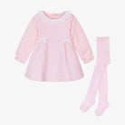 Tutto Piccolo baby girls pink quilted dress and matching tights set with white ruffle collar