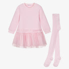 Tutto Piccolo girls pink tulle dress and matching tights set with bow detail