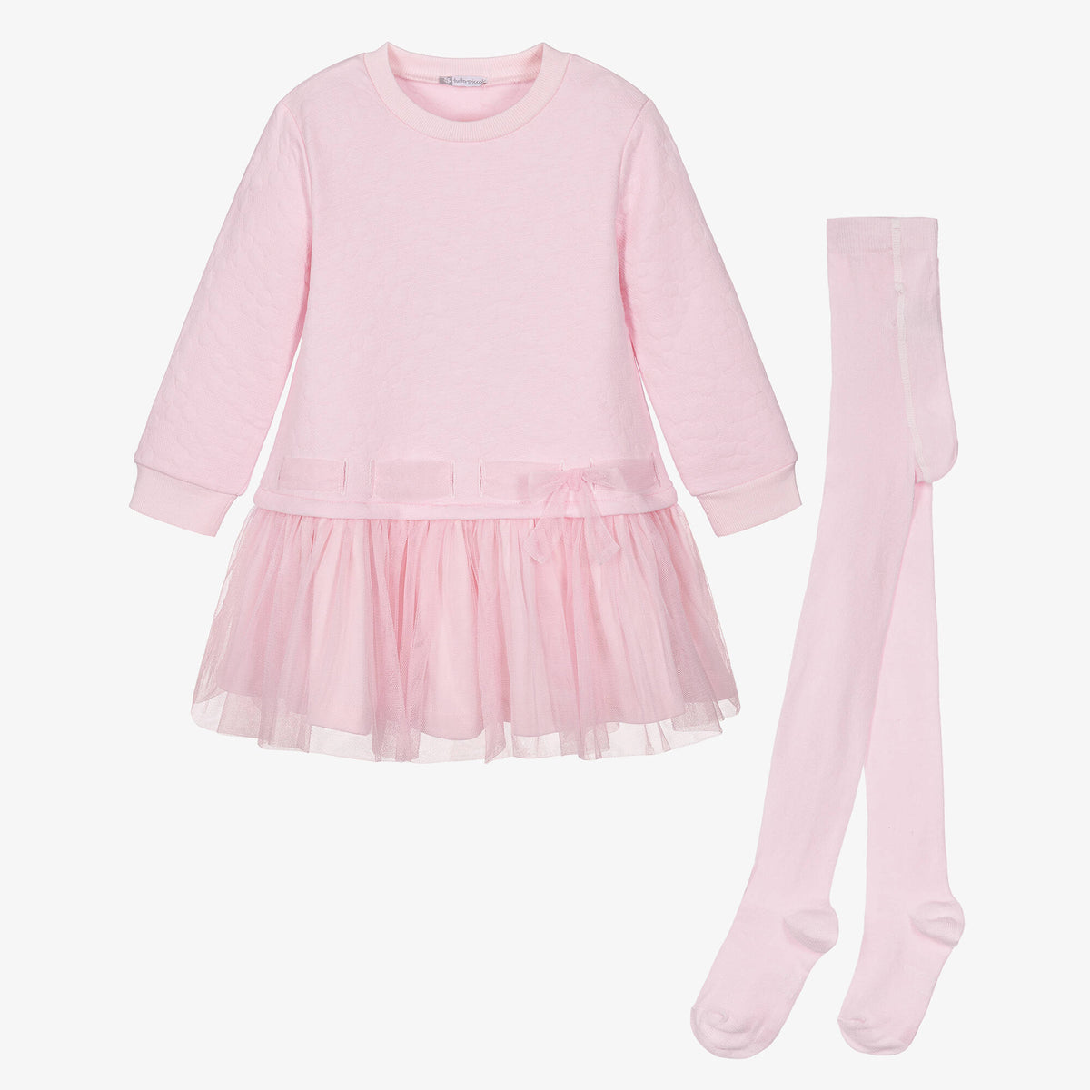 Tutto Piccolo girls pink tulle dress and matching tights set with bow detail