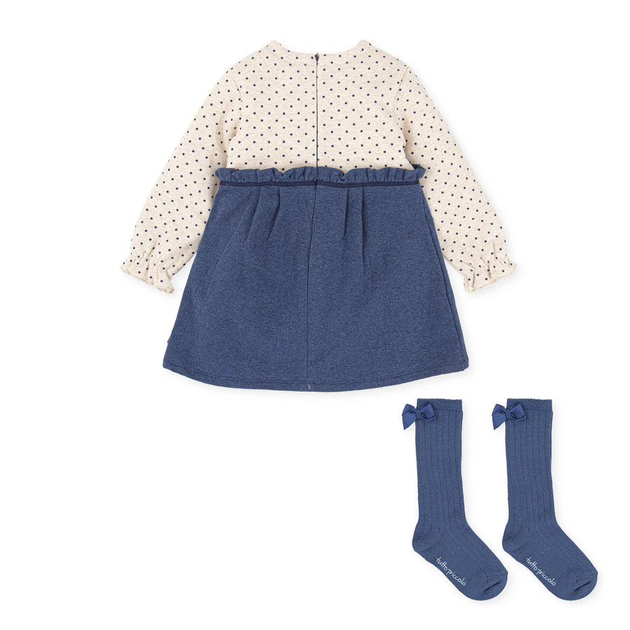 Tutto Piccolo Girls Blue Dotty Dress & Socks Set From The Back