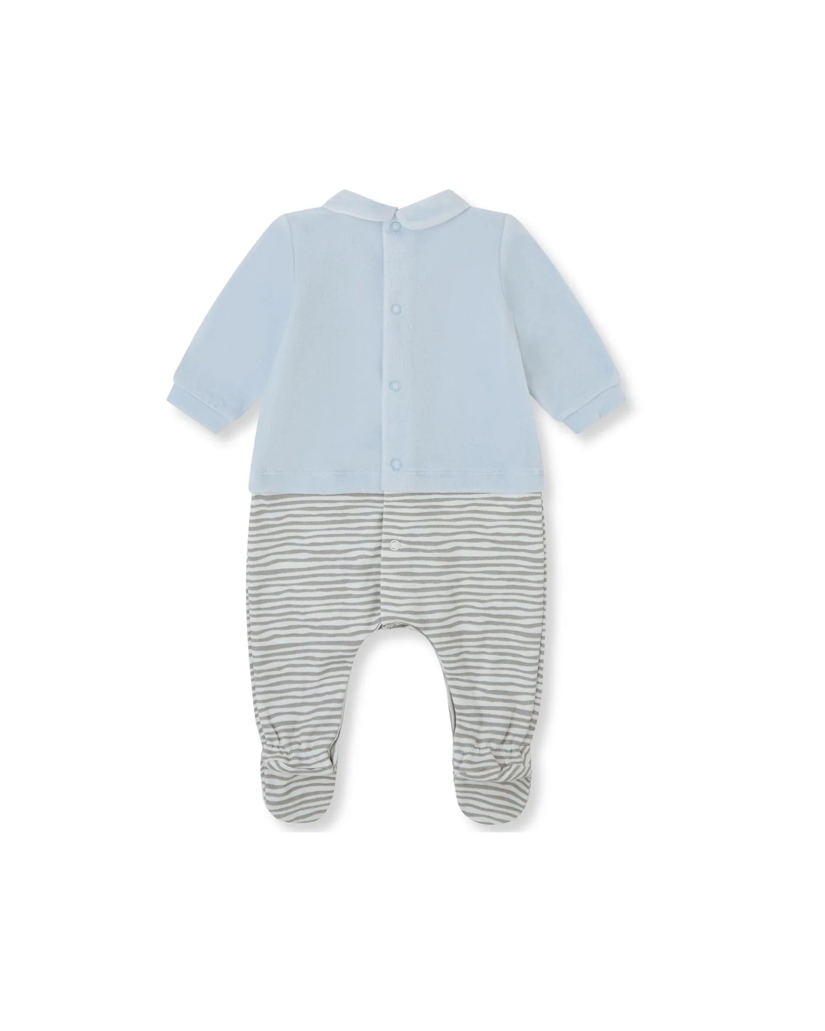 Tutto Piccolo baby boys blue and grey footed romper back view