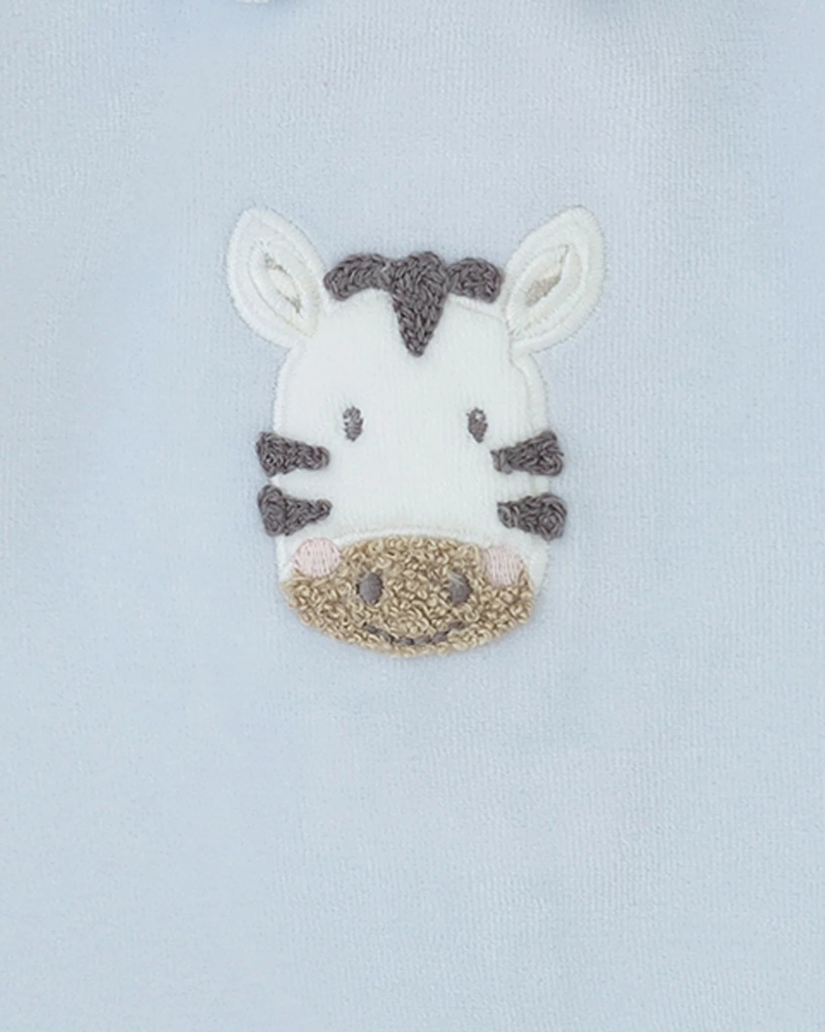 Close-up of embroidered zebra on Tutto Piccolo blue baby romper
