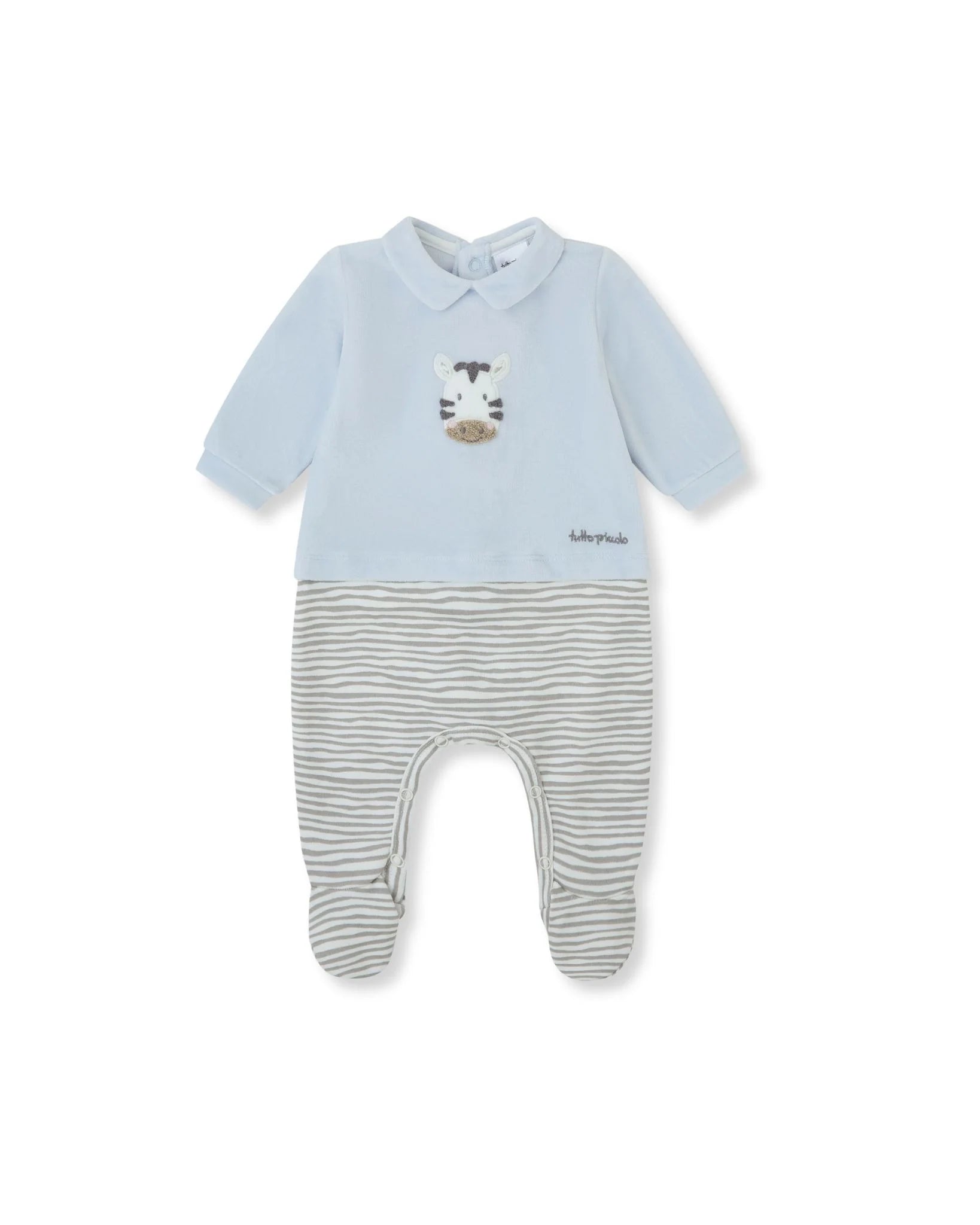 Tutto Piccolo baby boys blue zebra footed romper front view
