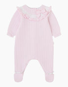 Tutto Piccolo baby girls pink footed romper with ruffle collar and bow