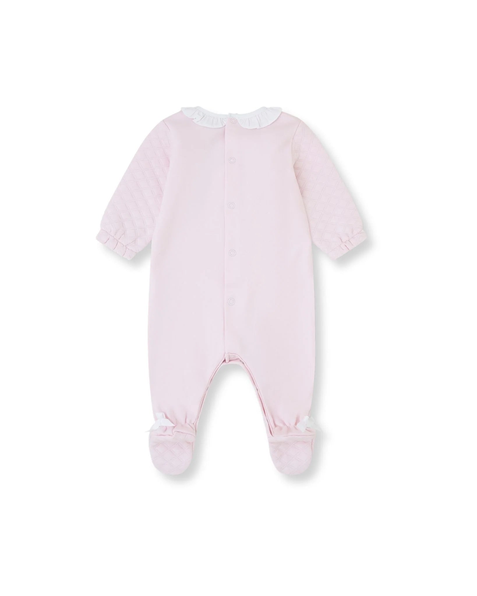Tutto Piccolo baby girls pink footed romper back view with bow feet