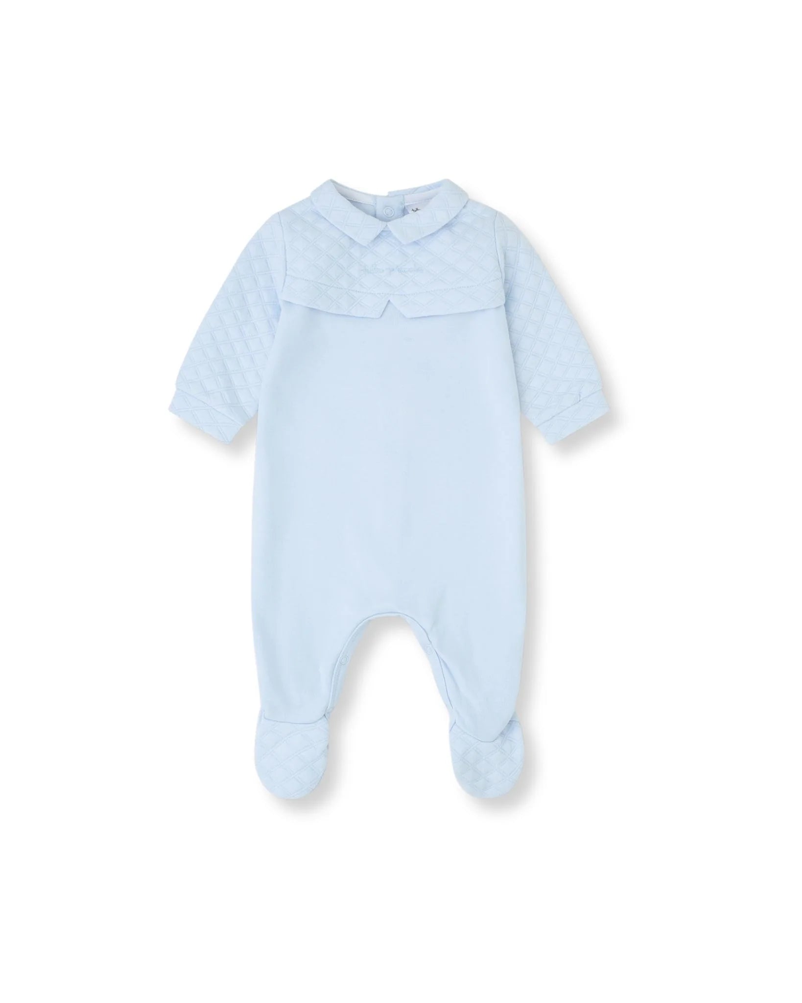 Tutto Piccolo baby boys sky blue footed romper with collar front view