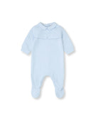 Tutto Piccolo baby boys sky blue footed romper with collar front view