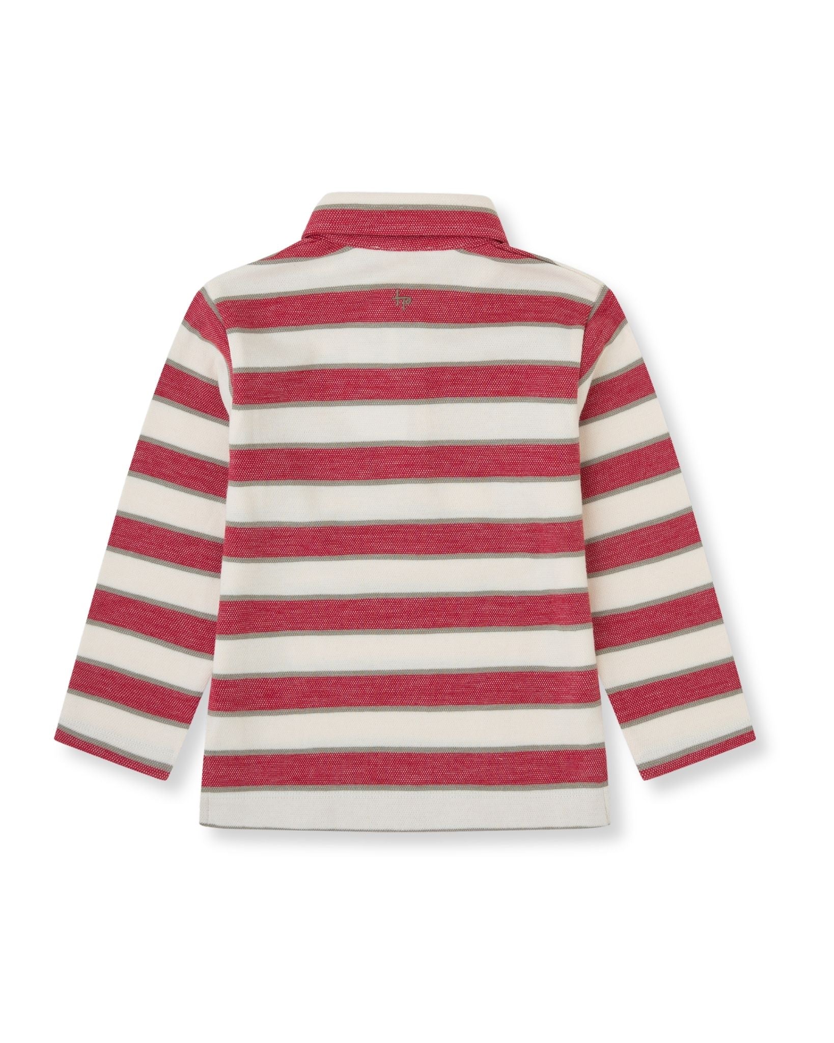 Tutto Piccolo boys carmine and ecru striped long sleeve polo back view