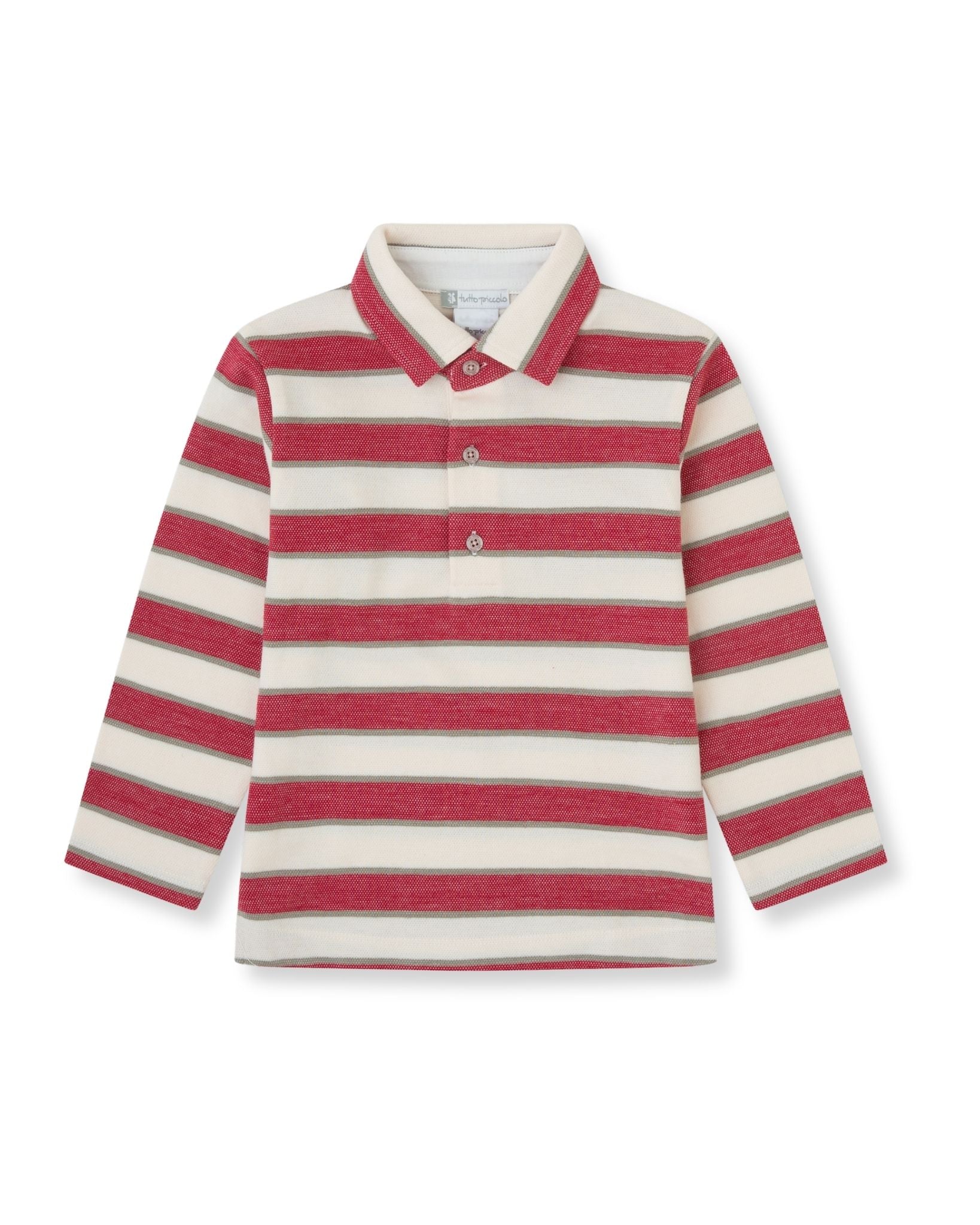 Tutto Piccolo boys carmine and ecru striped long sleeve polo front view
