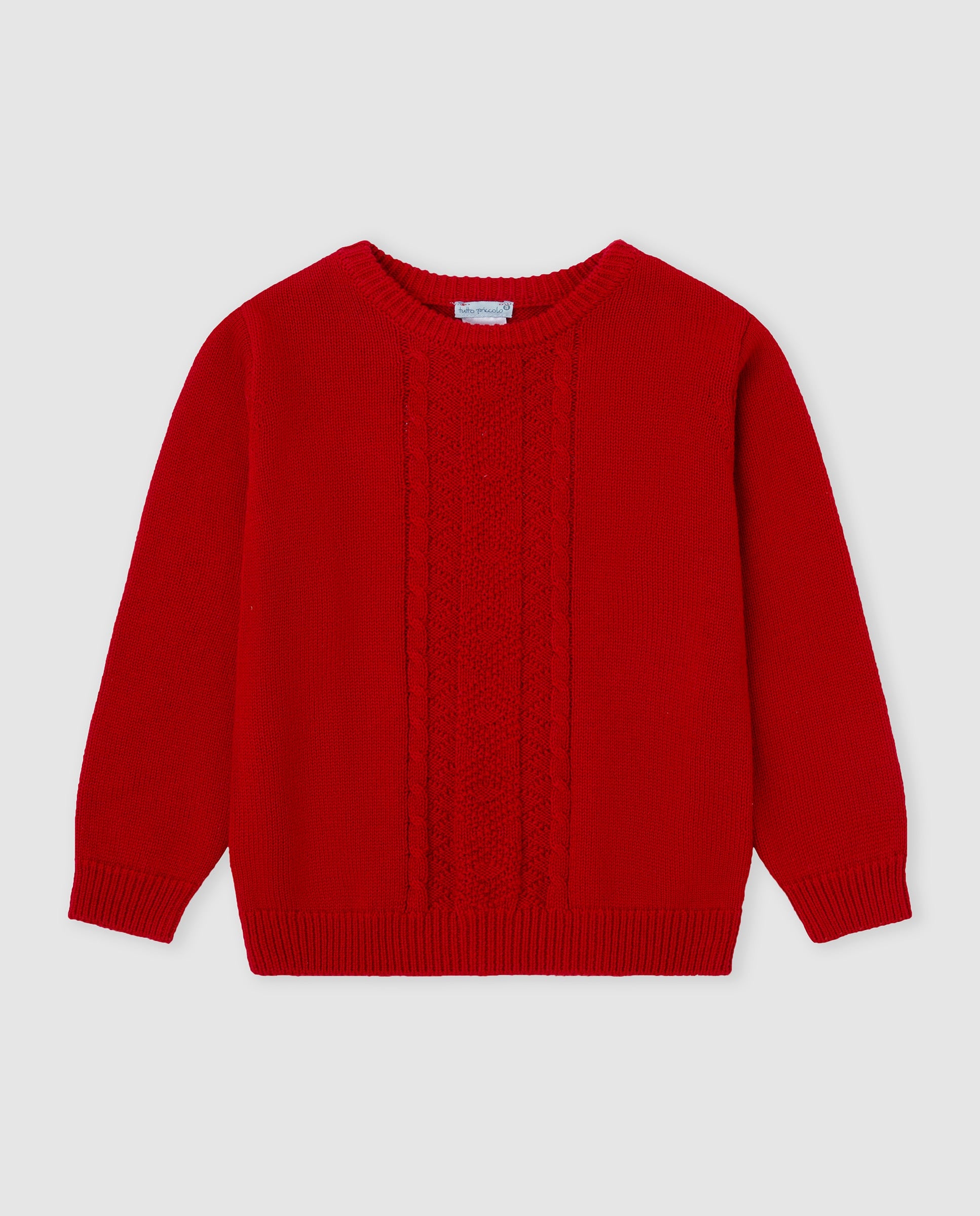  Tutto Piccolo boys red cable knit jumper front view