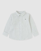 Tutto Piccolo green patterned knit sweater layered over striped boys shirt