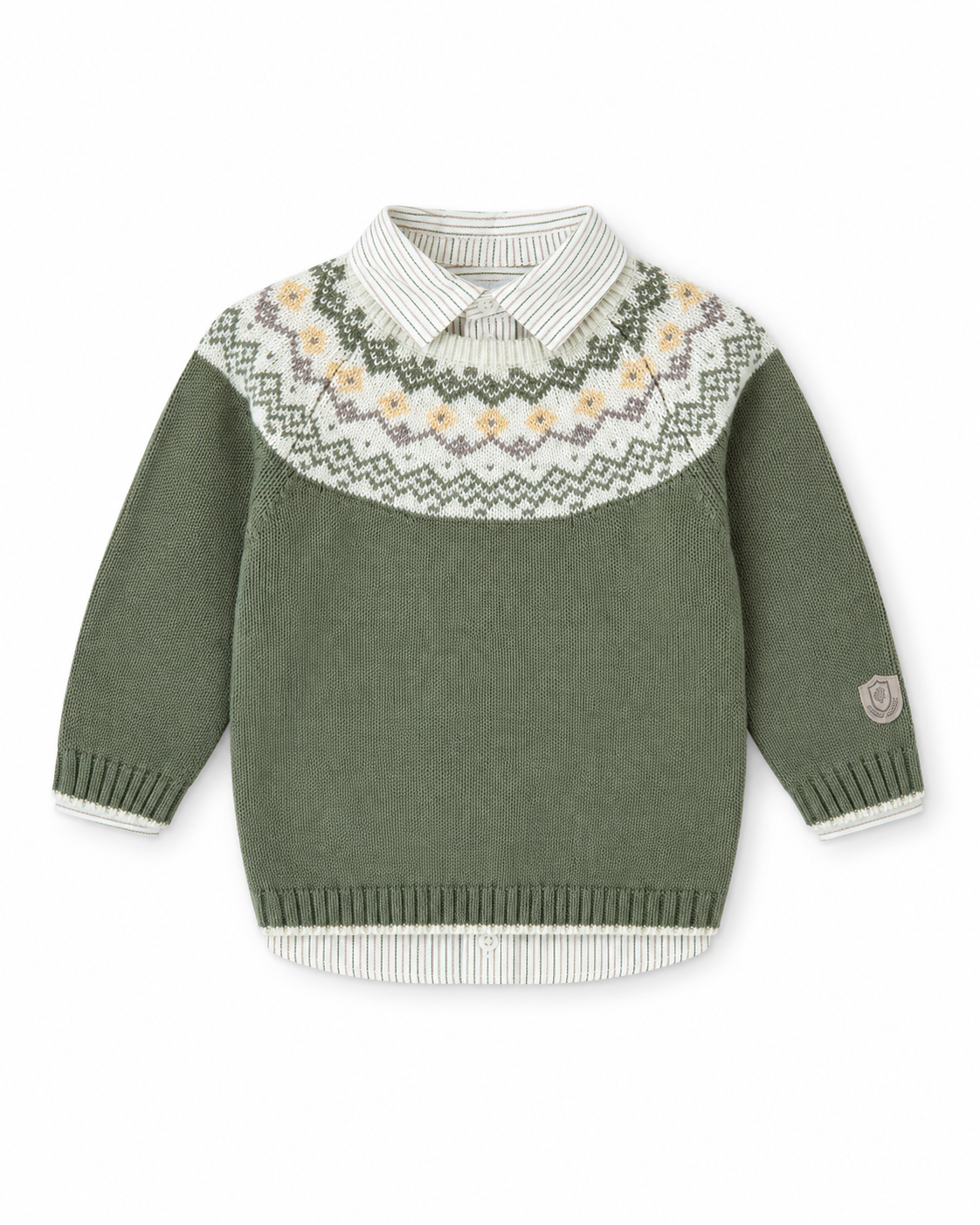 Tutto Piccolo boys green Fair Isle knit sweater and striped shirt set