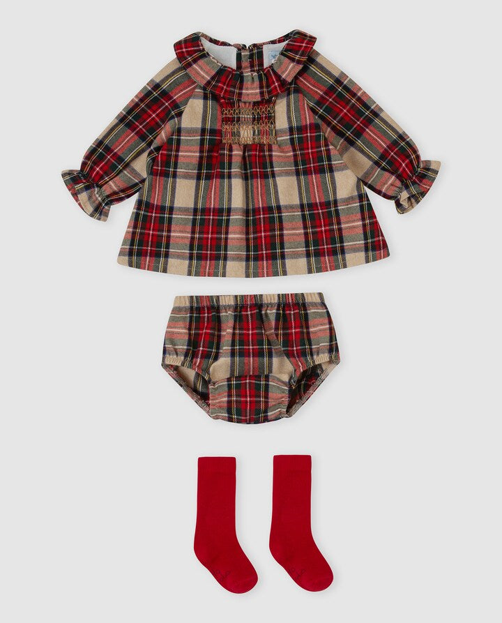 Tutto Piccolo baby girls tartan Christmas dress with matching bloomers and red socks