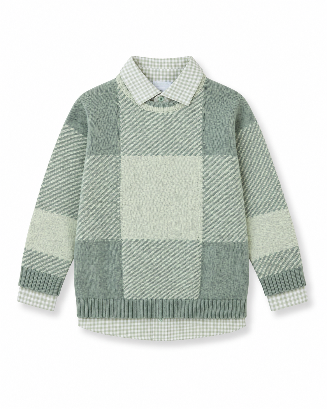 Tutto Piccolo boys sea green check occasion sweater layered over gingham shirt