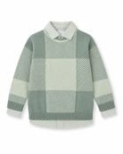 Tutto Piccolo boys sea green check occasion sweater layered over gingham shirt