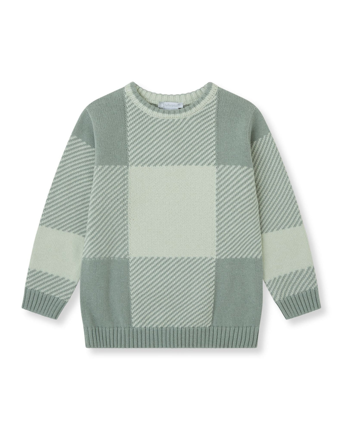 Tutto Piccolo sea green check knit sweater back view