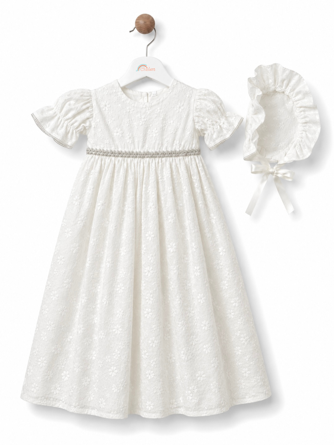 Front view of Visara baby girls pale ivory christening gown and matching bonnet with gathered sleeves and beaded trim