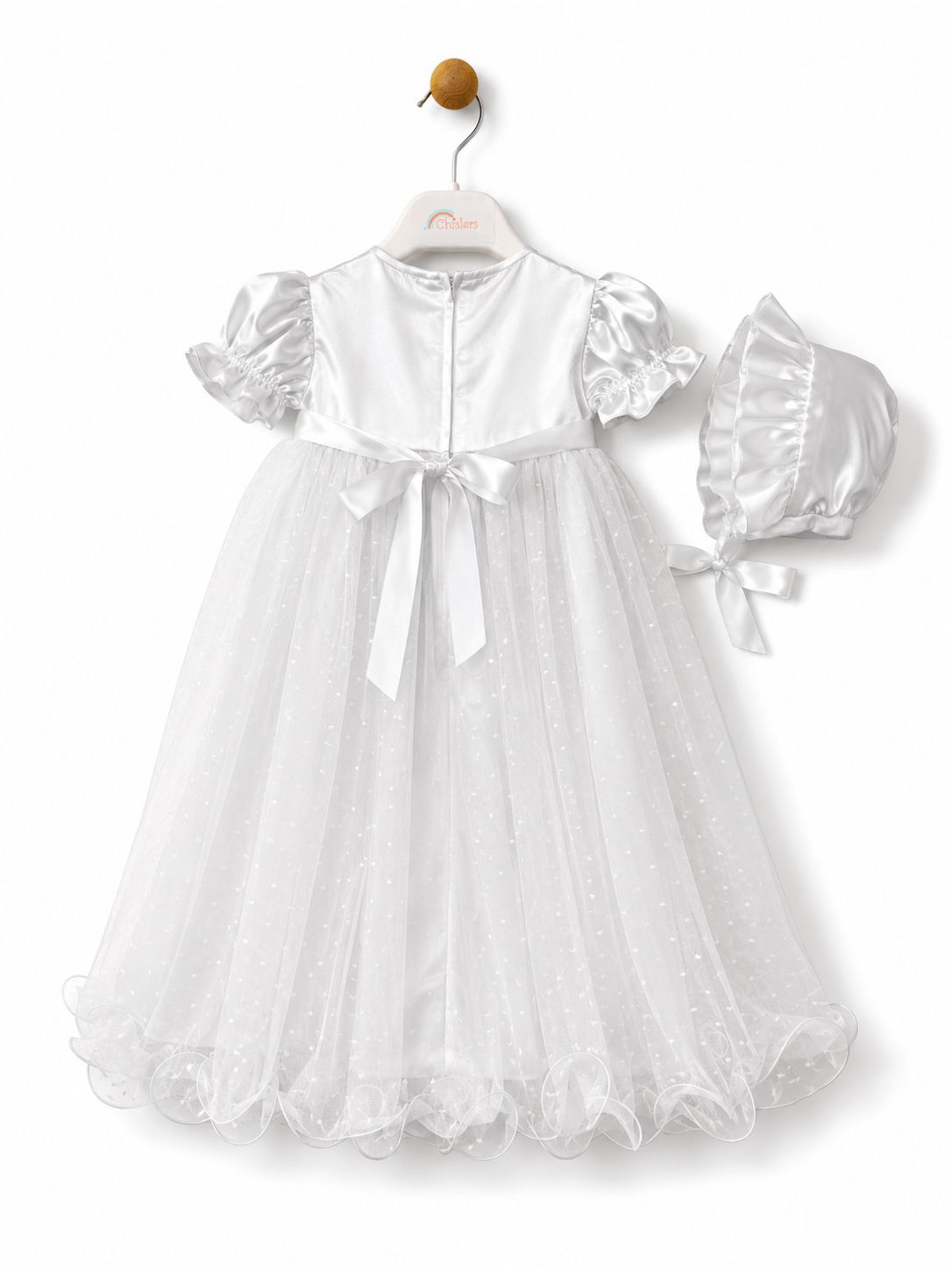 Rear view of Visara white christening gown with satin sash bow and matching bonnet