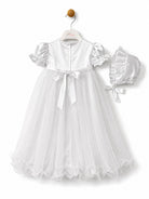 Rear view of Visara white christening gown with satin sash bow and matching bonnet