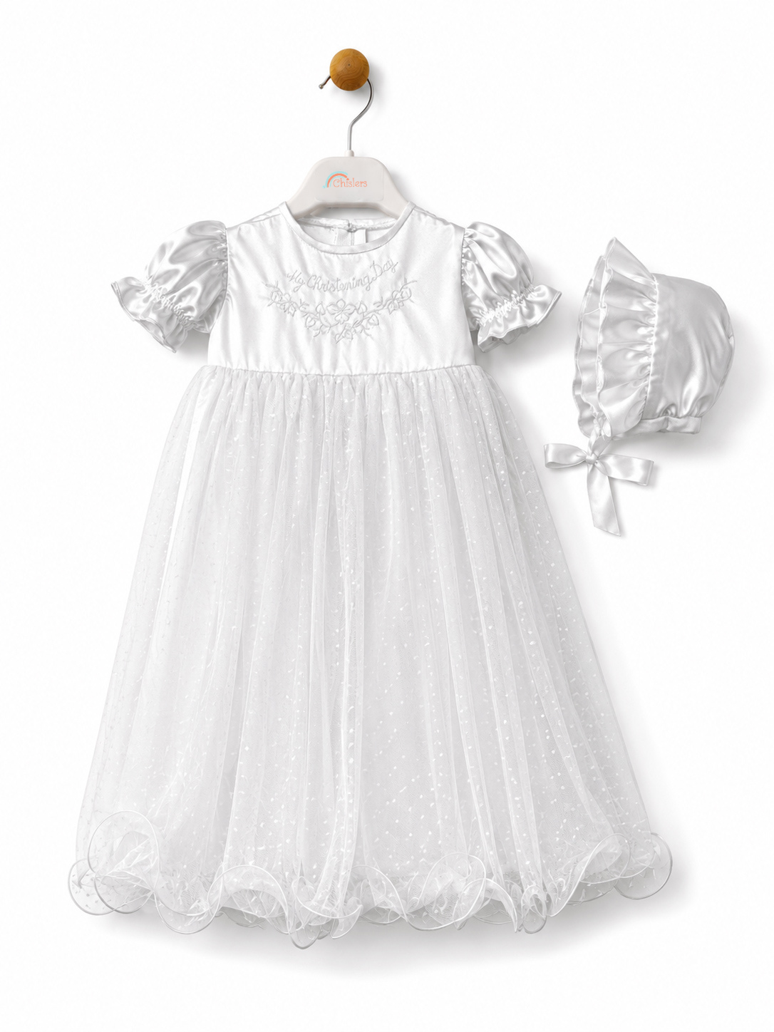 Front view of Visara baby girls white My Christening Day gown with dotted tulle skirt and matching bonnet