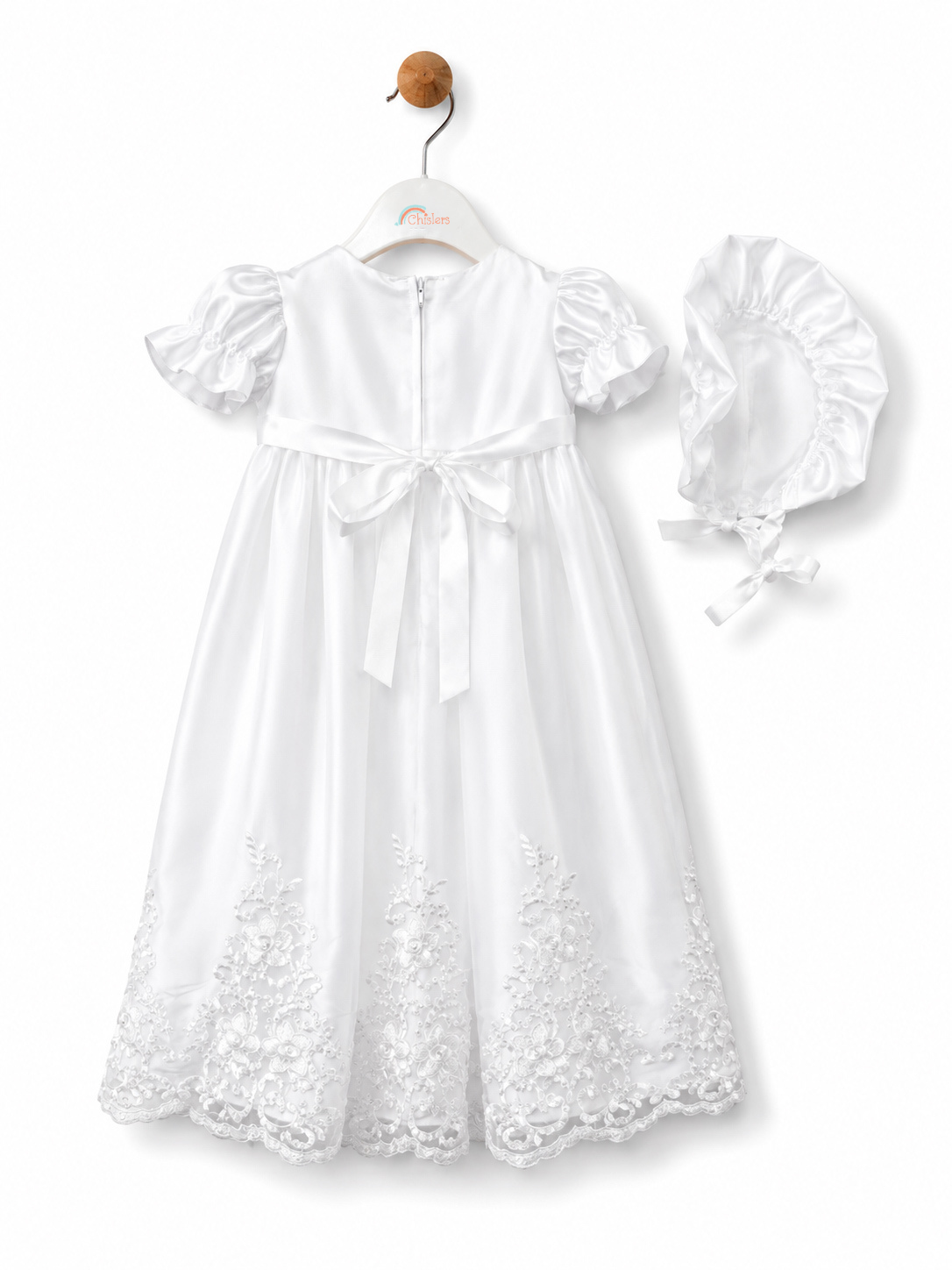 Rear view of Visara baby girls white satin christening gown with back sash bow and matching bonnet
