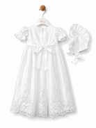 Rear view of Visara baby girls white satin christening gown with back sash bow and matching bonnet