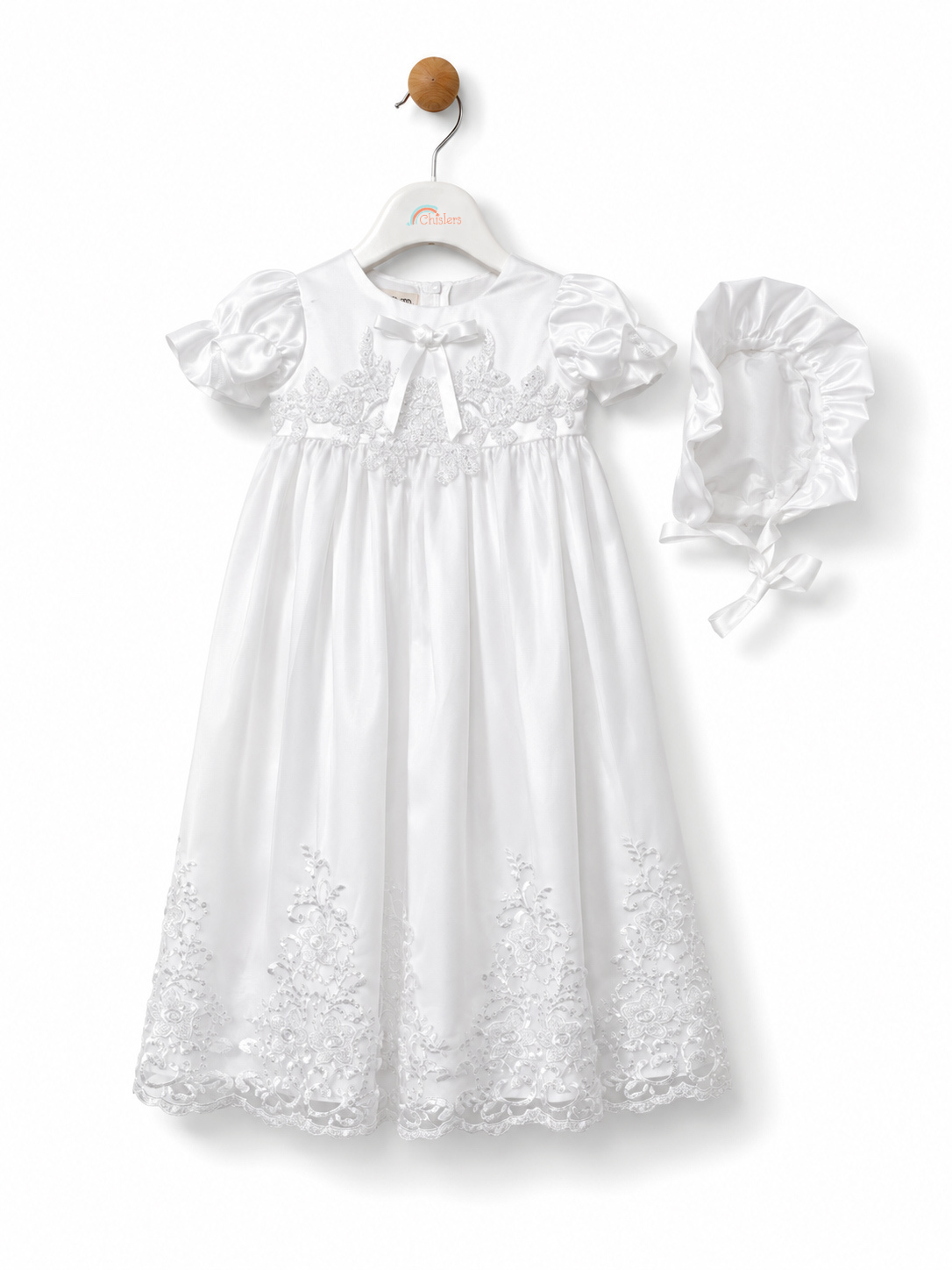 Front view of Visara baby girls white lace christening gown and matching satin bonnet