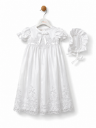 Front view of Visara baby girls white lace christening gown and matching satin bonnet