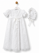 Rear view of the Visara white christening gown with satin sash bow and matching bonnet