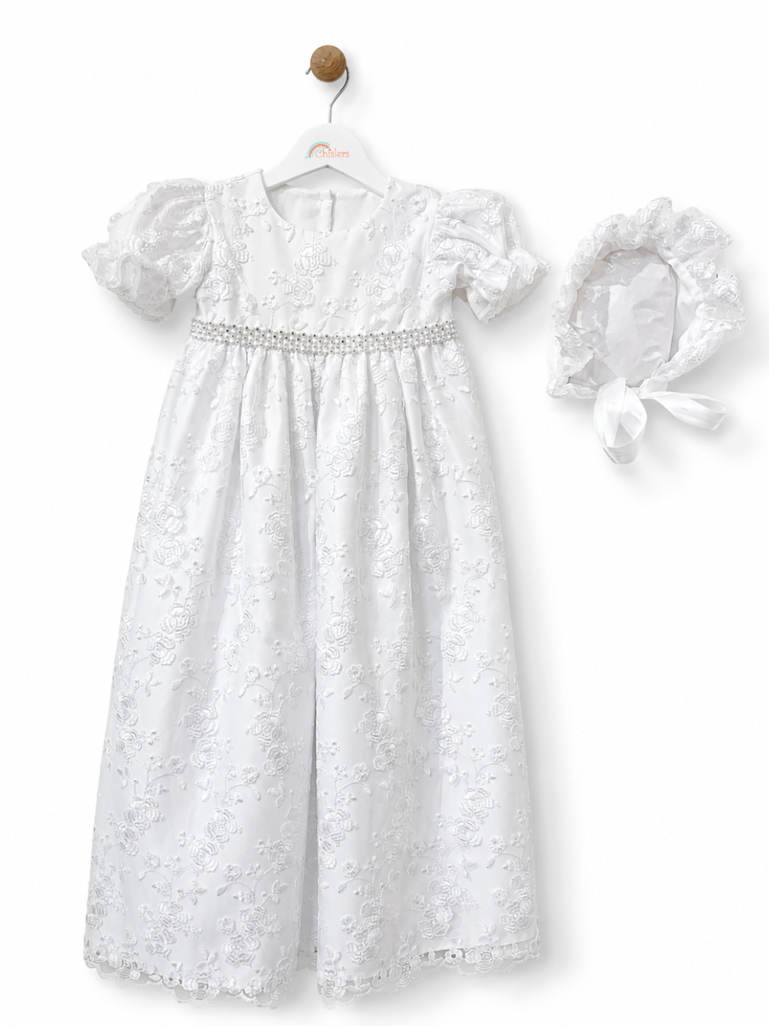 Visara baby girls white rose embroidered christening gown and matching bonnet front view