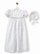 Visara baby girls white rose embroidered christening gown and matching bonnet front view