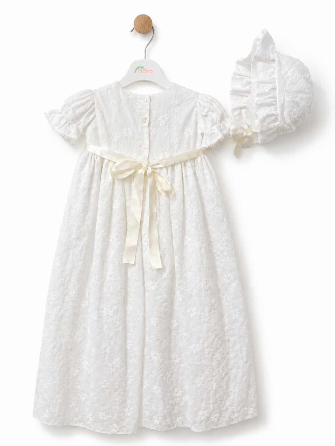 Rear view of Visara baby girls pale ivory floral christening gown with satin sash and matching bonnet