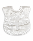 Vivaki white satin baby christening bib with embroidered cross, angel wings and My Special Day wording