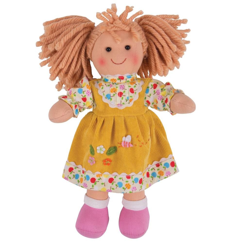 BIGJIGS_DAISY_DOLL-28CM_BRIGHTLY_ COLOURED_YELLOW DRESS_AND_HAS_A-VERY_HAIRSTYLE