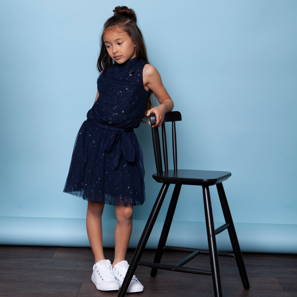Le Chic Girls Navy Sparkle Empbrodered Sleeveless Occasion Dress On A Little Girl - Chislers