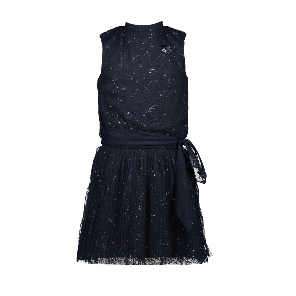 Le Chic Girls Navy Sparkle Empbrodered Sleeveless Occasion Dress With Sash At the Front - Chislers