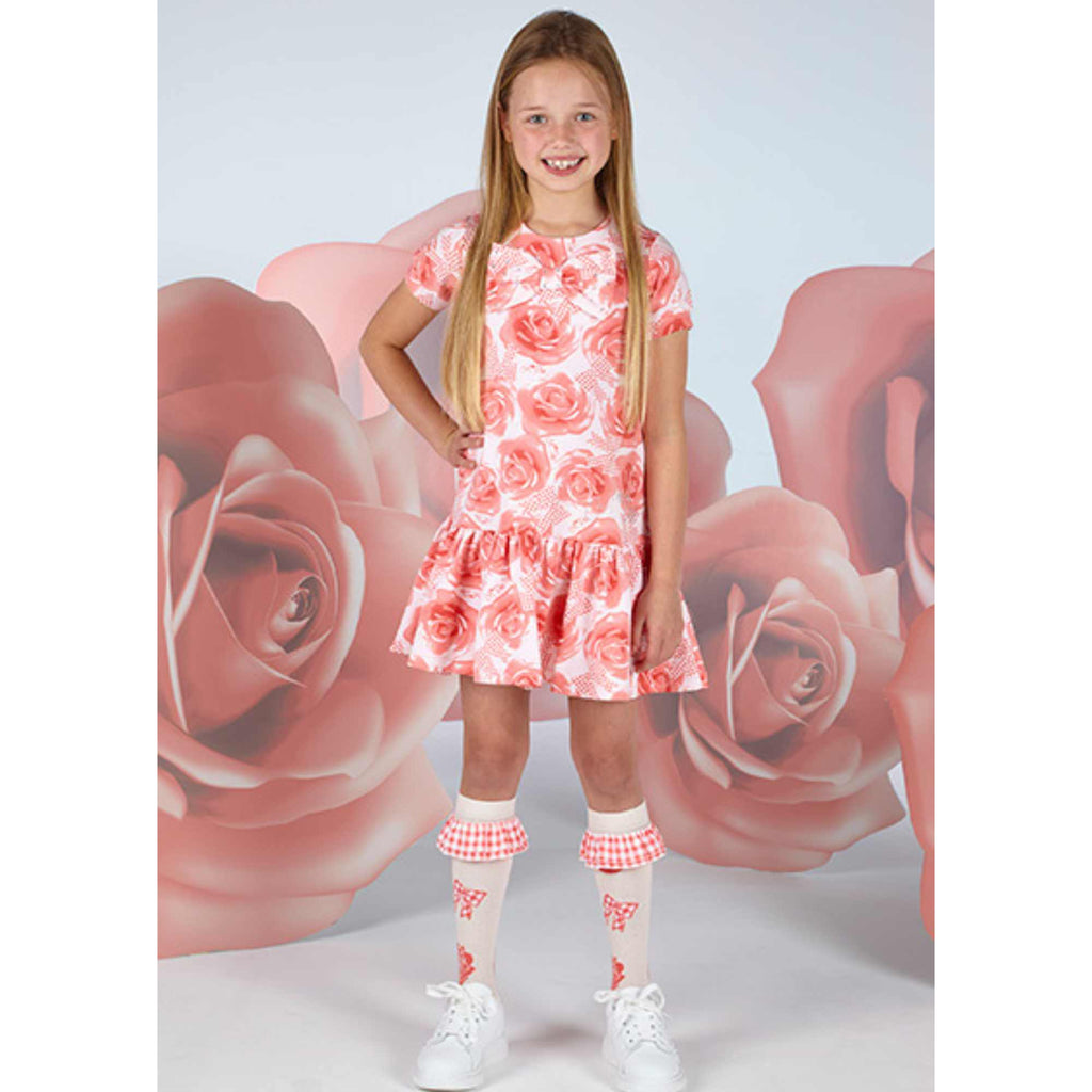 A Dee Yael Girls Coral Rose Print Dress With Frilled Hem