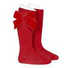 Condor girls red cotton knee high socks with velvet side bows