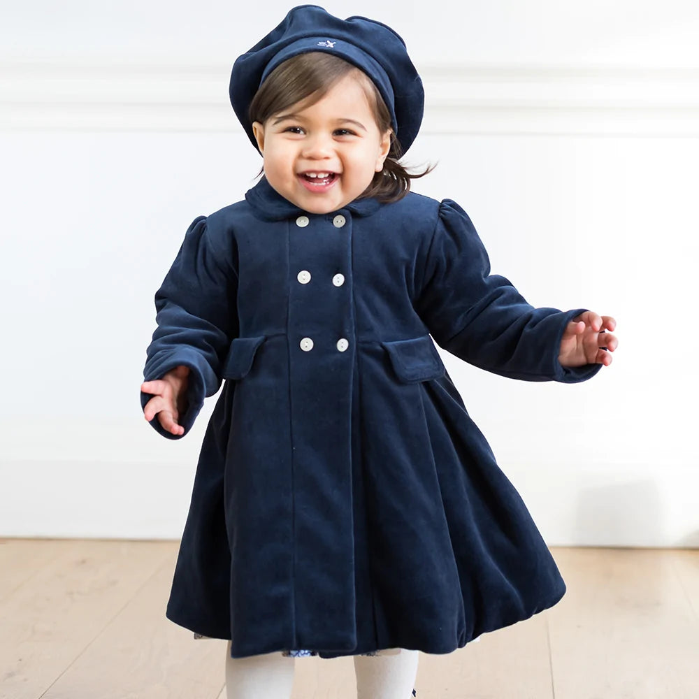 Emile et Rose Rosanna Smart Navy Velour Coat & Hat Set For Baby Girls